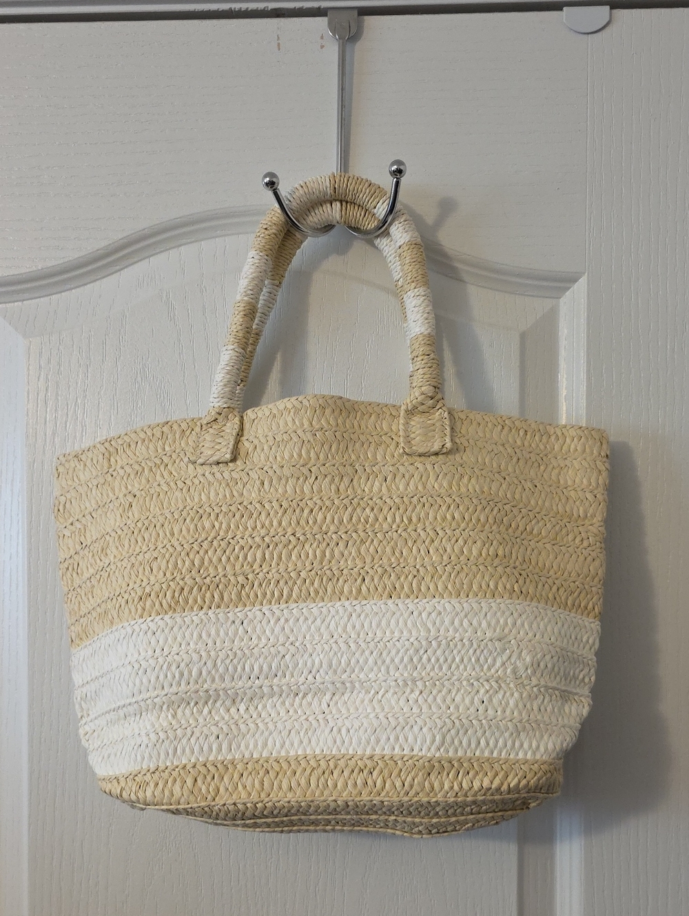 Alturu Neutral Two-Tone Straw Tote Bag - Beige & White